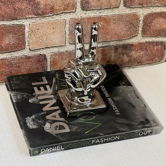 Ceramic Peace Sign Hand Sculpture Figurine Metallic Silver Tone BOHO Decor - Picture 10 of 16